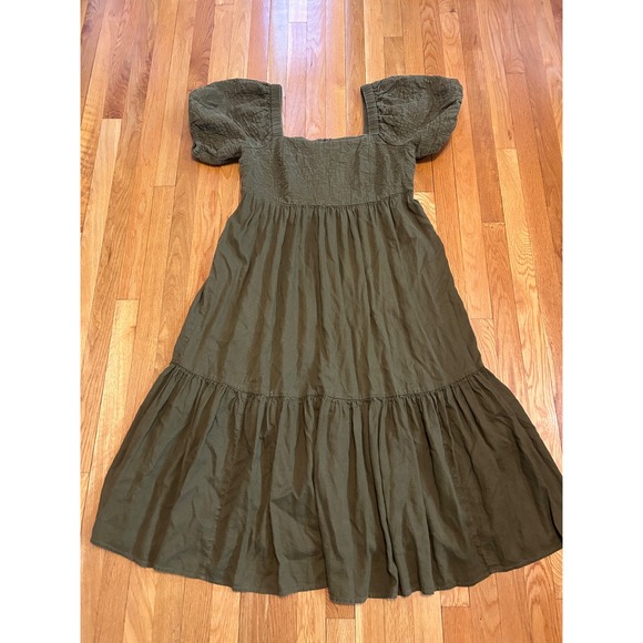 Madewell Tiered sz 16 Square neck Puff Midi Dress Quilted Hemp Olive Green NH112 - Picture 2 of 11